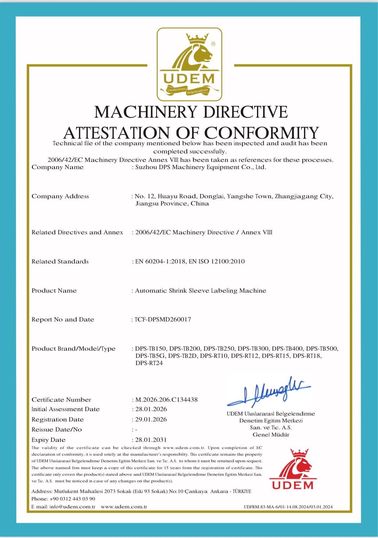DPS Machinery CE Certificate of Conformity - official CE certification document for labeling machines
